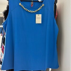 Carmen Marc Valvo Blue Top with Gold Chain Detail